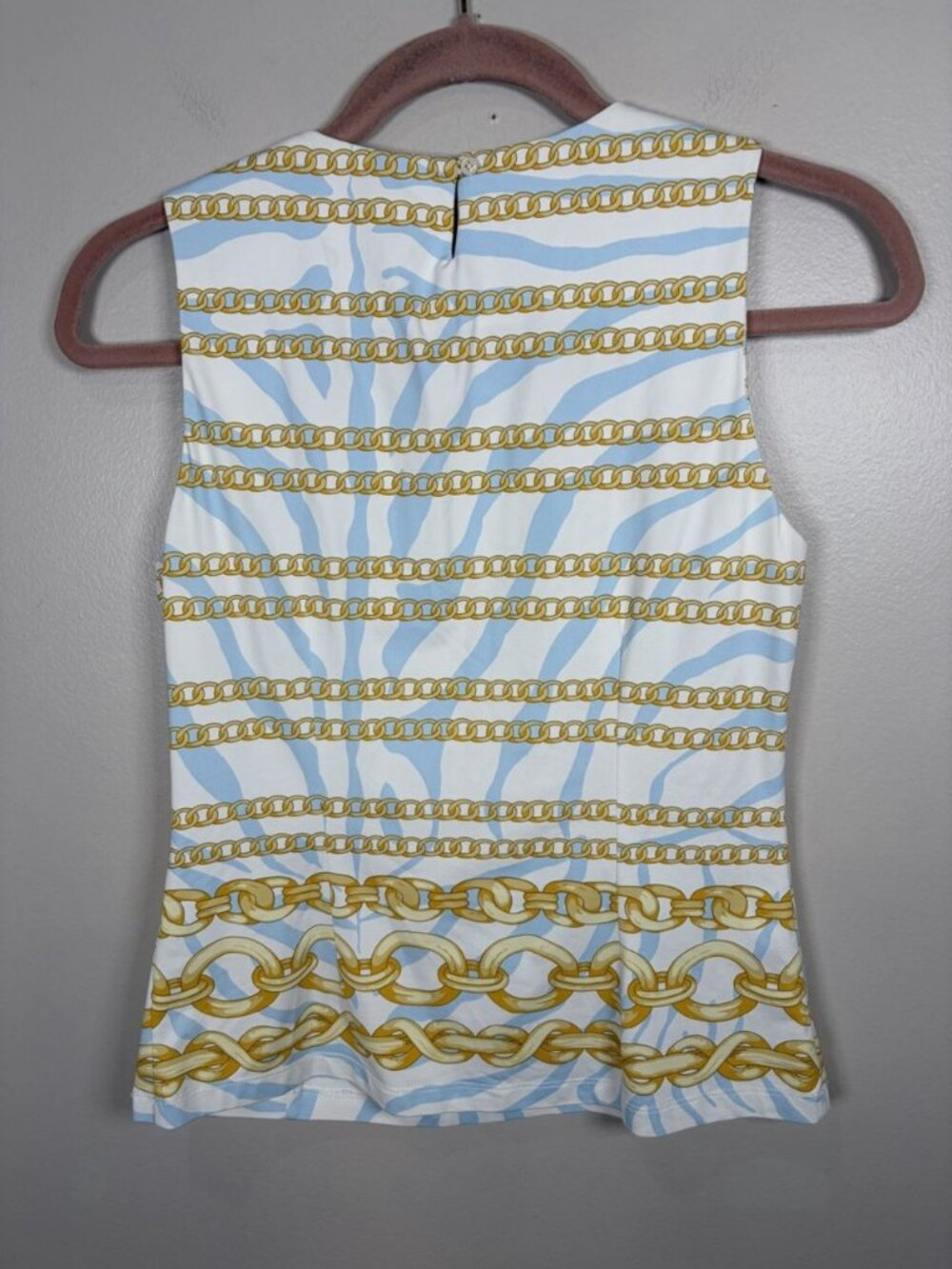 J. McLaughlin Tank Top Blouse Size XS Shirt Blue White Gold Chain Link Catalina - Picture 6 of 7